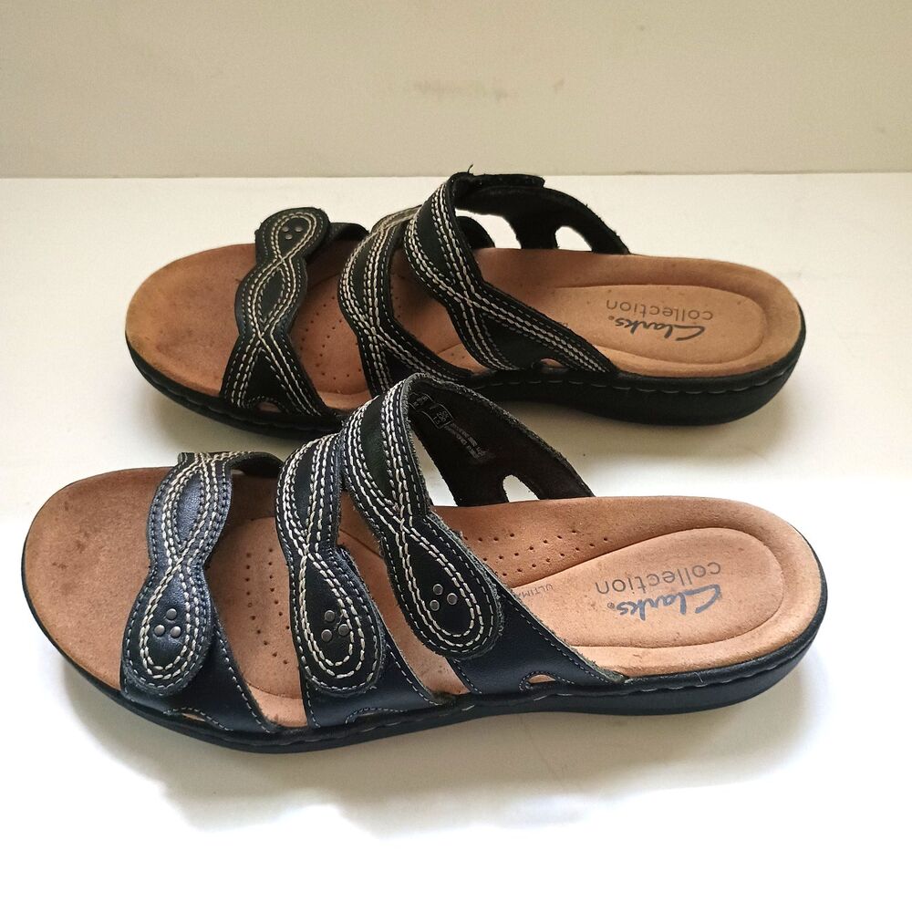 Clarks Collection Sandals Laurianne Ayla 6.5M Slide Black Leather Comfort Slipon